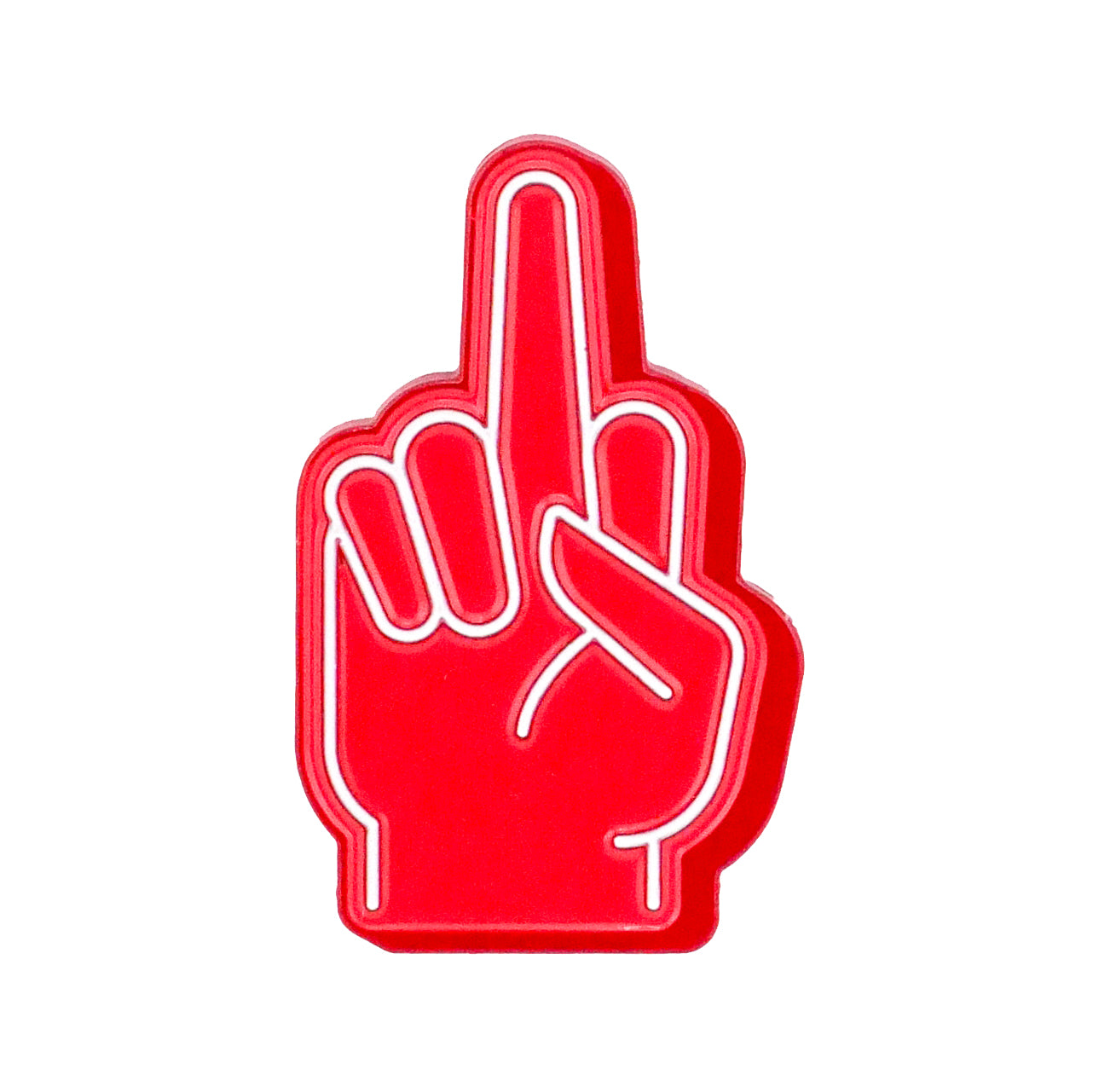The Foam Finger Middle Finger Ball Marker by Ballmarkers.com is a red foam hand with a white outline, displaying an extended middle finger gesture against a white background.