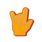 The Foam Finger Rock On Ball Marker by Ballmarkers.com features a yellow hand making the "I love you" sign in ASL, outlined in white and orange with thumb, index finger, and pinky raised.