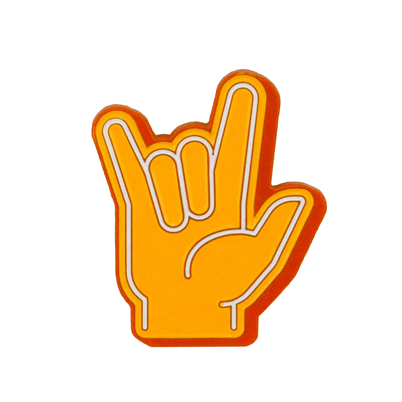 The Foam Finger Rock On Ball Marker by Ballmarkers.com features a yellow hand making the "I love you" sign in ASL, outlined in white and orange with thumb, index finger, and pinky raised.