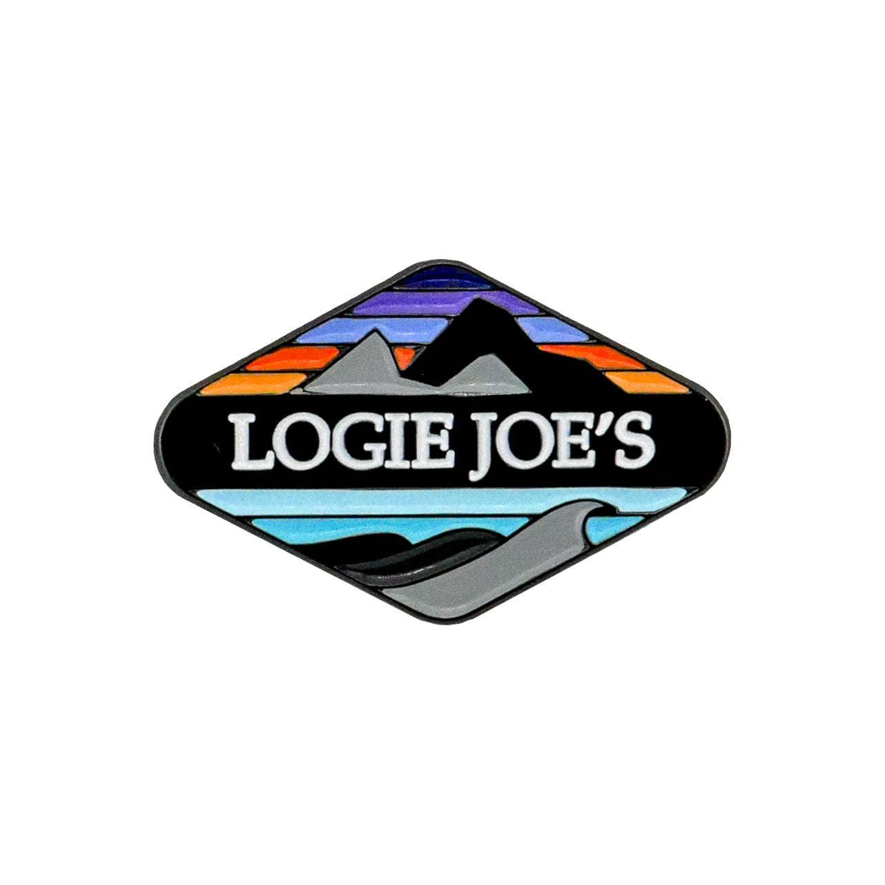 The Logie Joe's Golf Ball Marker by Logie Joe's Golf features a diamond-shaped logo with “LOGIE JOE’S” in white over stylized mountains, water, and a colorful sunset of orange, purple, and blue stripes.