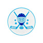 The Ballmarkers.com Hockey Equipment Ball Marker features a round emblem with crossed hockey sticks, a puck, a central goalie mask, and four stars in blue on white.