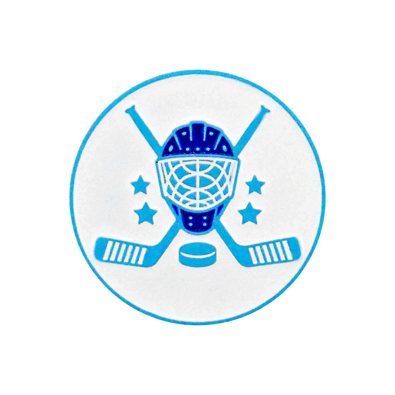 The Ballmarkers.com Hockey Equipment Ball Marker features a round emblem with crossed hockey sticks, a puck, a central goalie mask, and four stars in blue on white.
