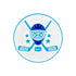 The Ballmarkers.com Hockey Equipment Ball Marker features a round emblem with crossed hockey sticks, a puck, a central goalie mask, and four stars in blue on white.