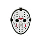 The Hockey Mask Ball Marker by Ballmarkers.com features a white design with black edges, black eye holes, multiple black ventilation holes, and red markings above and below the eyes, shown against a plain white background.