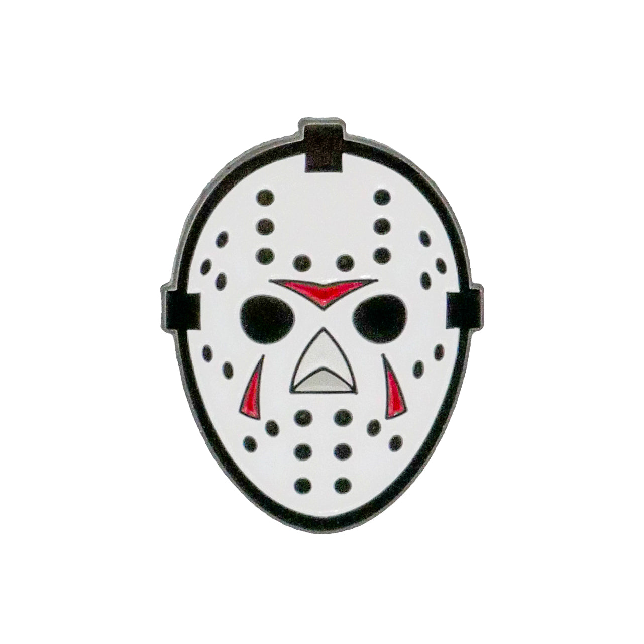 The Hockey Mask Ball Marker by Ballmarkers.com features a white design with black edges, black eye holes, multiple black ventilation holes, and red markings above and below the eyes, shown against a plain white background.
