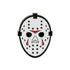The Hockey Mask Ball Marker by Ballmarkers.com features a white design with black edges, black eye holes, multiple black ventilation holes, and red markings above and below the eyes, shown against a plain white background.