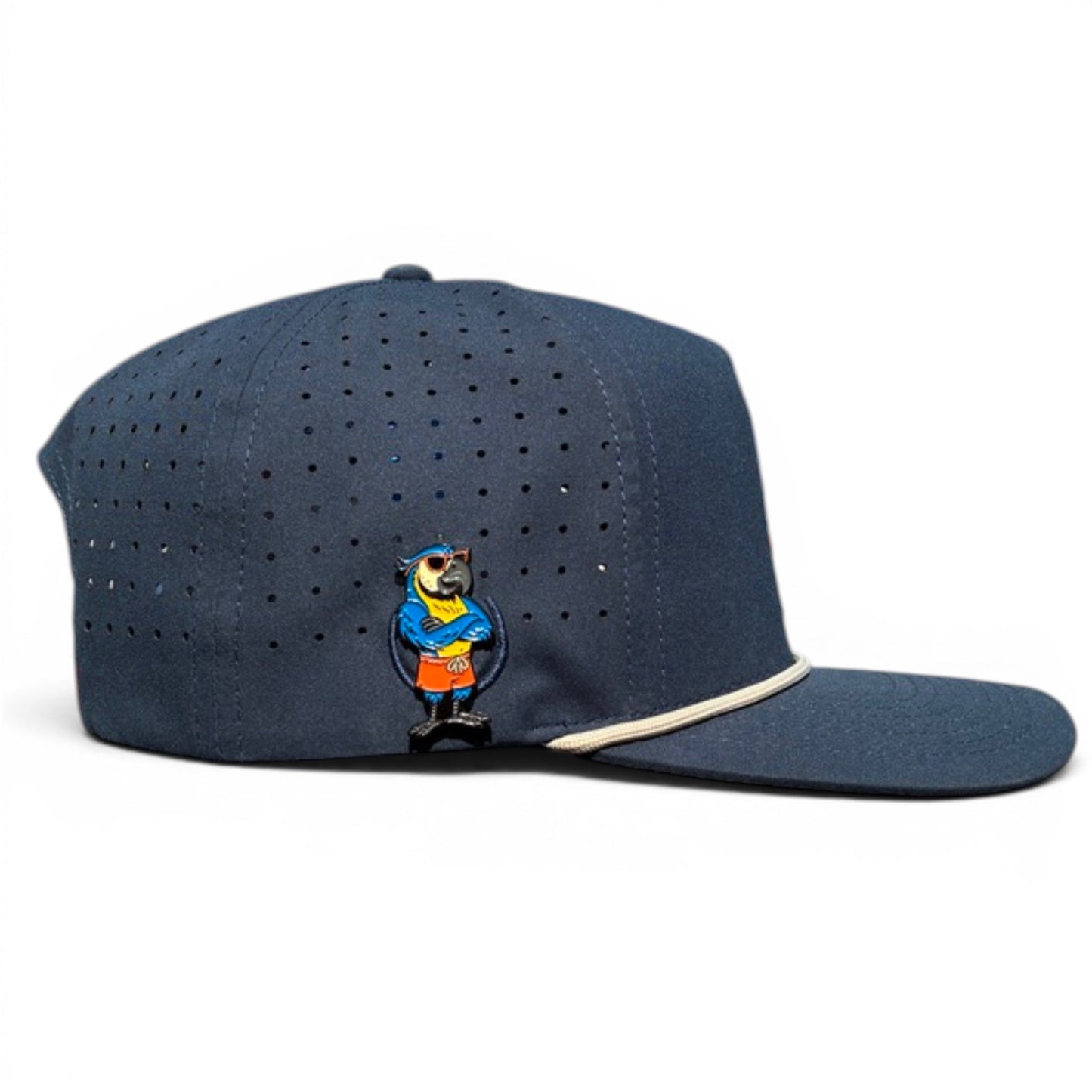 The Logie Joe's Golf Parrot Patrol Snapback Cap is an adjustable navy hat with a white-trimmed brim, small ventilation holes, an embroidered bear in a blue jacket and orange shorts, plus a built-in magnetic ball marker holder and included marker.