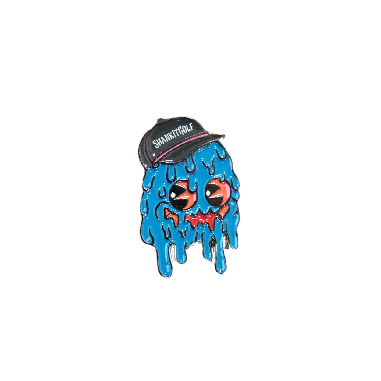 The Blobert Ball Marker by Shank it Golf features a blue cartoonish melting face with tired red eyes, sly smile, and black cap—crafted from premium metal and perfect as a magnetic ball marker—set on a plain white background.