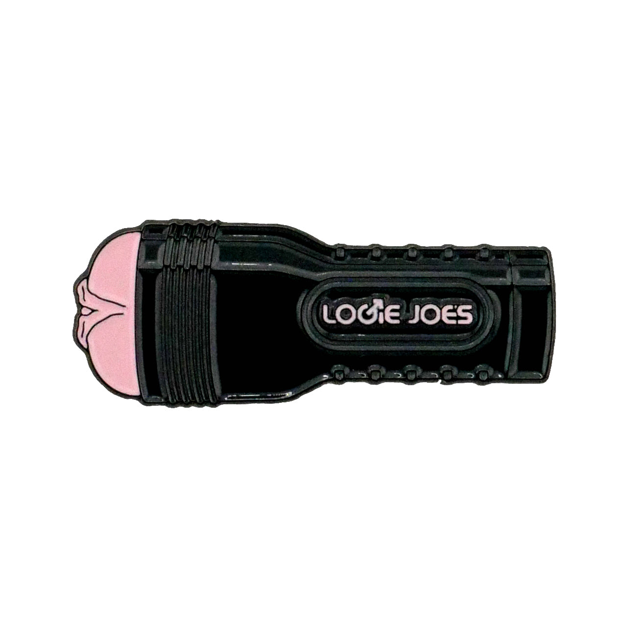 The Logie Joe's Golf Male Sex Toy Ball Marker is a novelty pin resembling a black flashlight with a pink opening and "LOGIE JOES" written on its side.