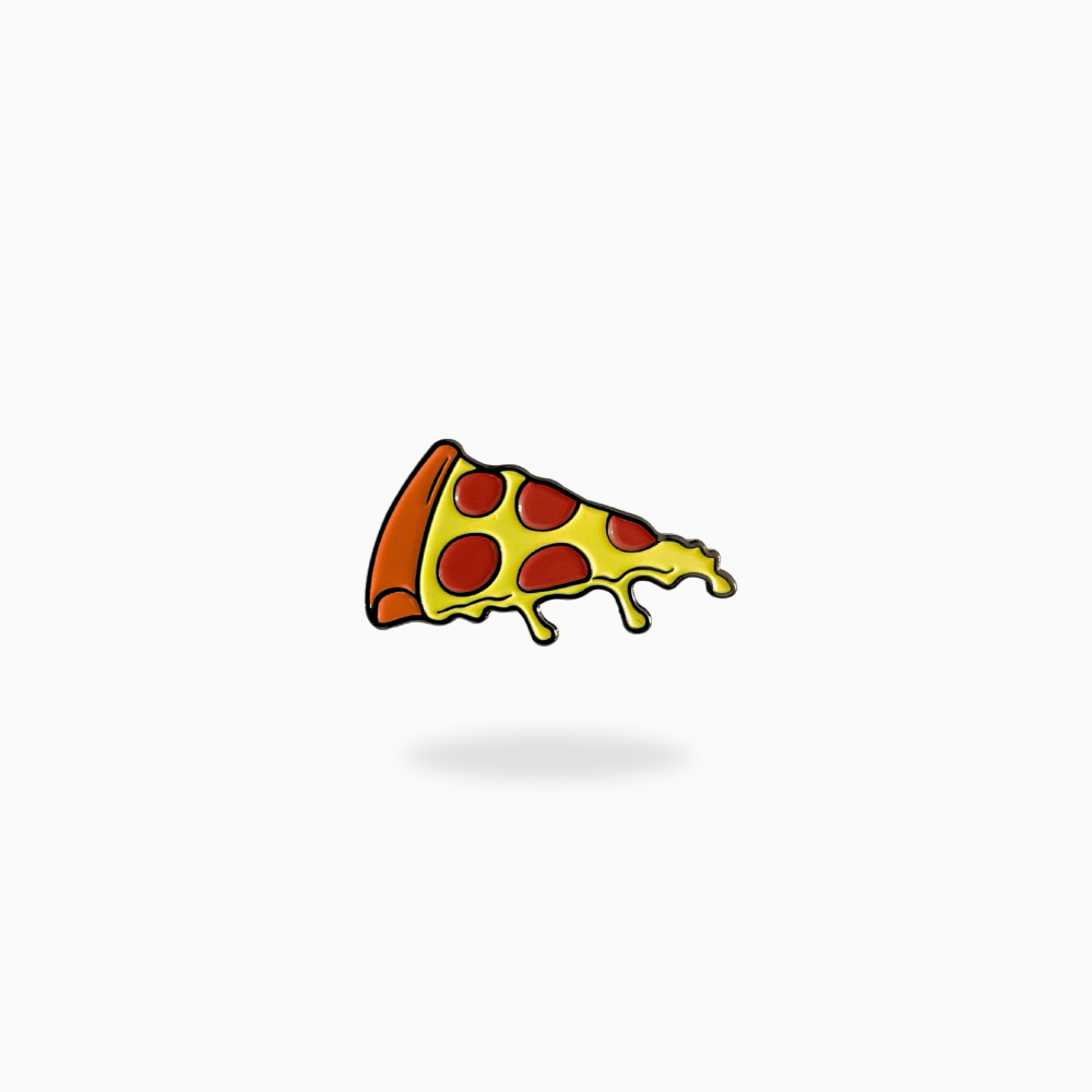 A playful illustration of a melting pepperoni pizza slice, inspired by Pin Creatures’ Za at the Turn Ball Marker, floats above a soft shadow on a white background.