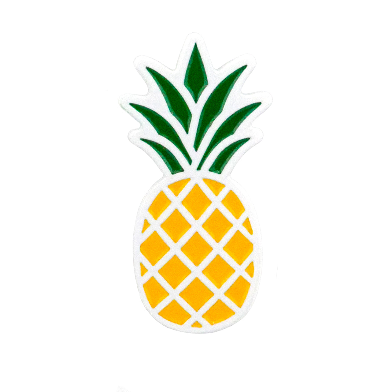 The Pineapple Ball Marker by Logie Joe's Golf features a simple illustration of a pineapple with a yellow body, white crisscross pattern, green leaves on top, and is set against a plain white background.
