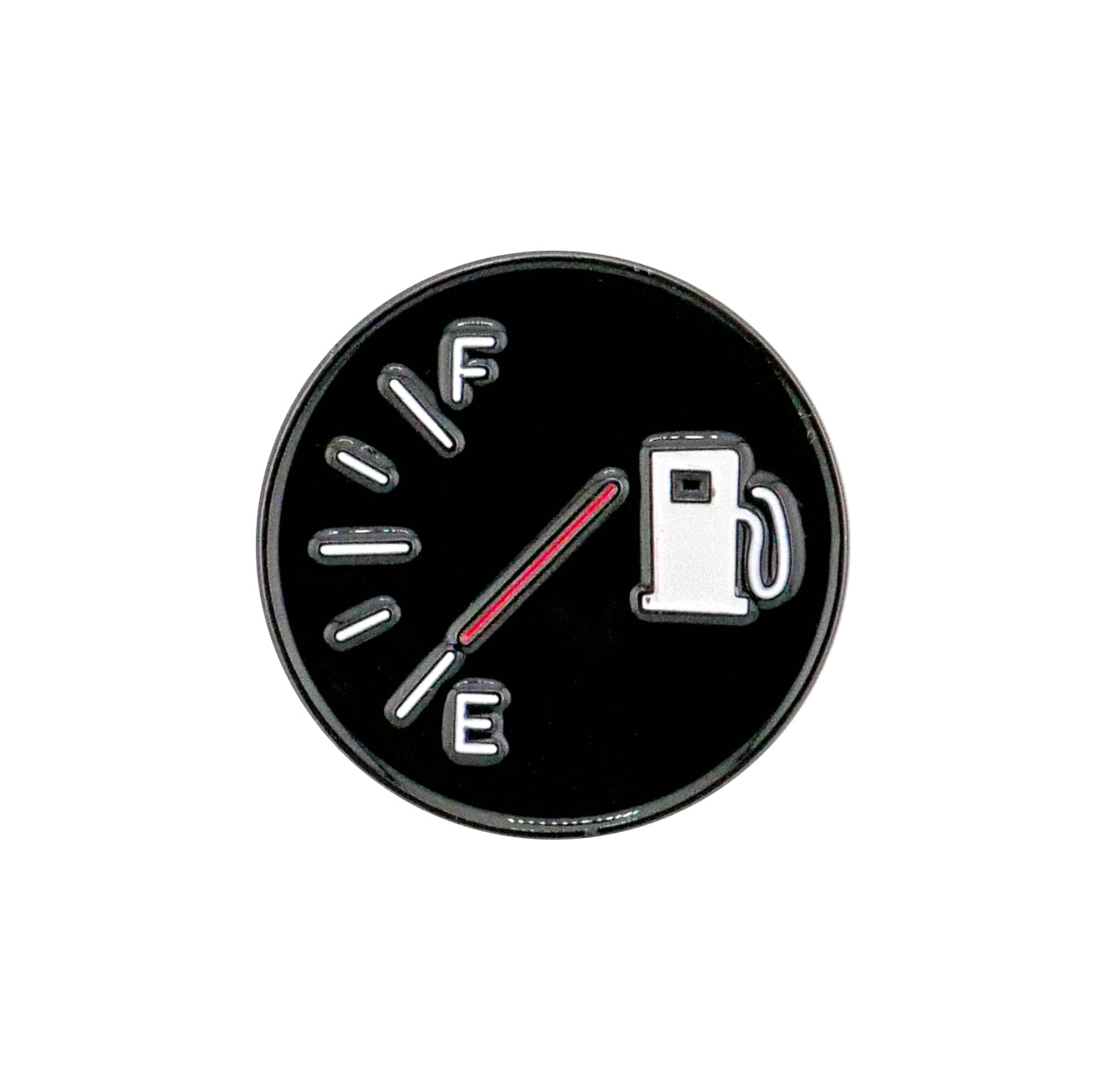The Empty Tank Ball Marker by Ballmarkers.com features a round fuel gauge design on a black background, with “F” at the top, “E” at the bottom, a white gas pump icon on the right, and its needle pointing near empty.