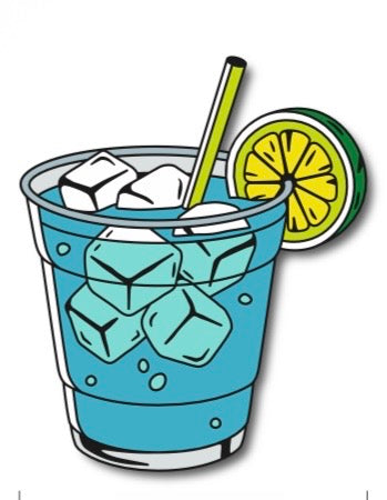 Sip a refreshing blue drink with ice cubes, served in a clear glass with a yellow straw and a lemon slice on the rim—a perfect way to unwind after navigating a tricky water hazard on the golf course, or to show off your Ballmarkers.com Water Hazard Ball Marker.