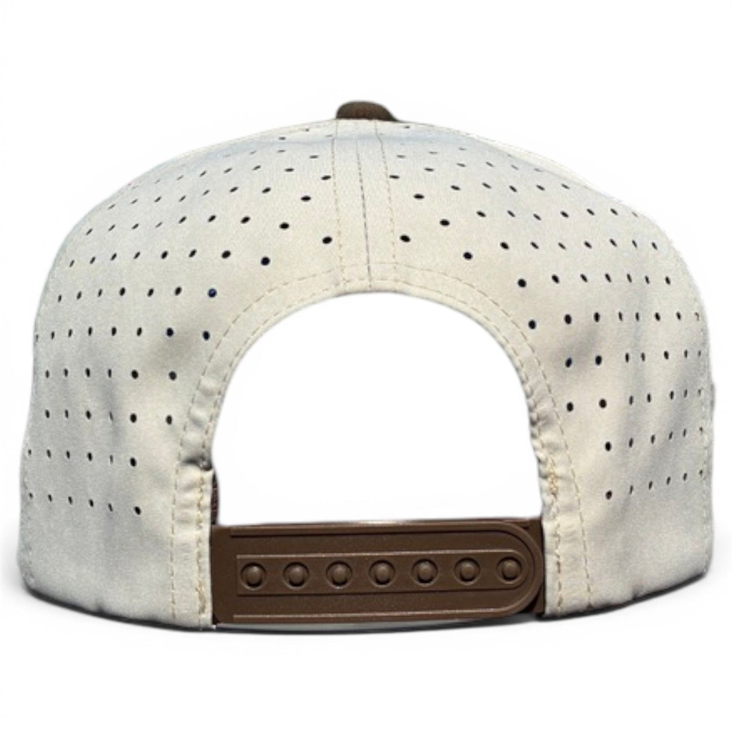 Back view of Logie Joe's Golf Longhorn Golf Hat in tan, featuring a bull skull design, ventilation holes, adjustable brown snapback closure, and a built-in magnetic ball marker holder with marker included.