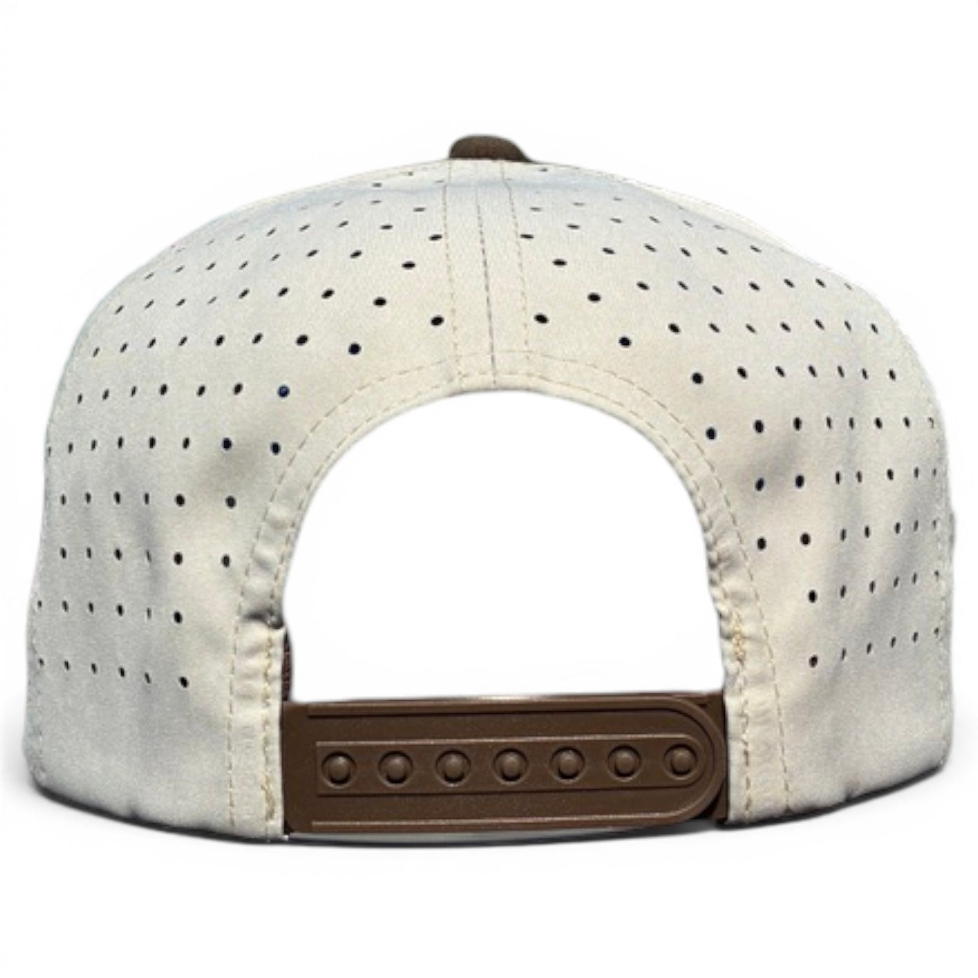 Back view of Logie Joe's Golf Longhorn Golf Hat in tan, featuring a bull skull design, ventilation holes, adjustable brown snapback closure, and a built-in magnetic ball marker holder with marker included.