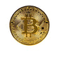 The Pins and Aces Bitcoin Ball Marker features a shiny gold chrome finish, the Bitcoin symbol “₿” at its center, and detailed circuit-like patterns, making it a premium golf accessory. Shown isolated on white with a faint shadow.