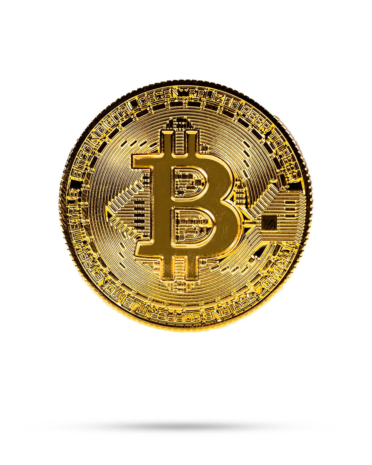 The Pins and Aces Bitcoin Ball Marker features a shiny gold chrome finish, the Bitcoin symbol “₿” at its center, and detailed circuit-like patterns, making it a premium golf accessory. Shown isolated on white with a faint shadow.