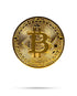 The Pins and Aces Bitcoin Ball Marker features a shiny gold chrome finish, the Bitcoin symbol “₿” at its center, and detailed circuit-like patterns, making it a premium golf accessory. Shown isolated on white with a faint shadow.