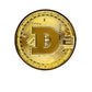 The Pins and Aces Dogecoin Ball Marker features a shiny gold finish, a bold D symbol, and intricate circuit patterns, resembling a cryptocurrency coin, displayed against a white background with a subtle shadow.