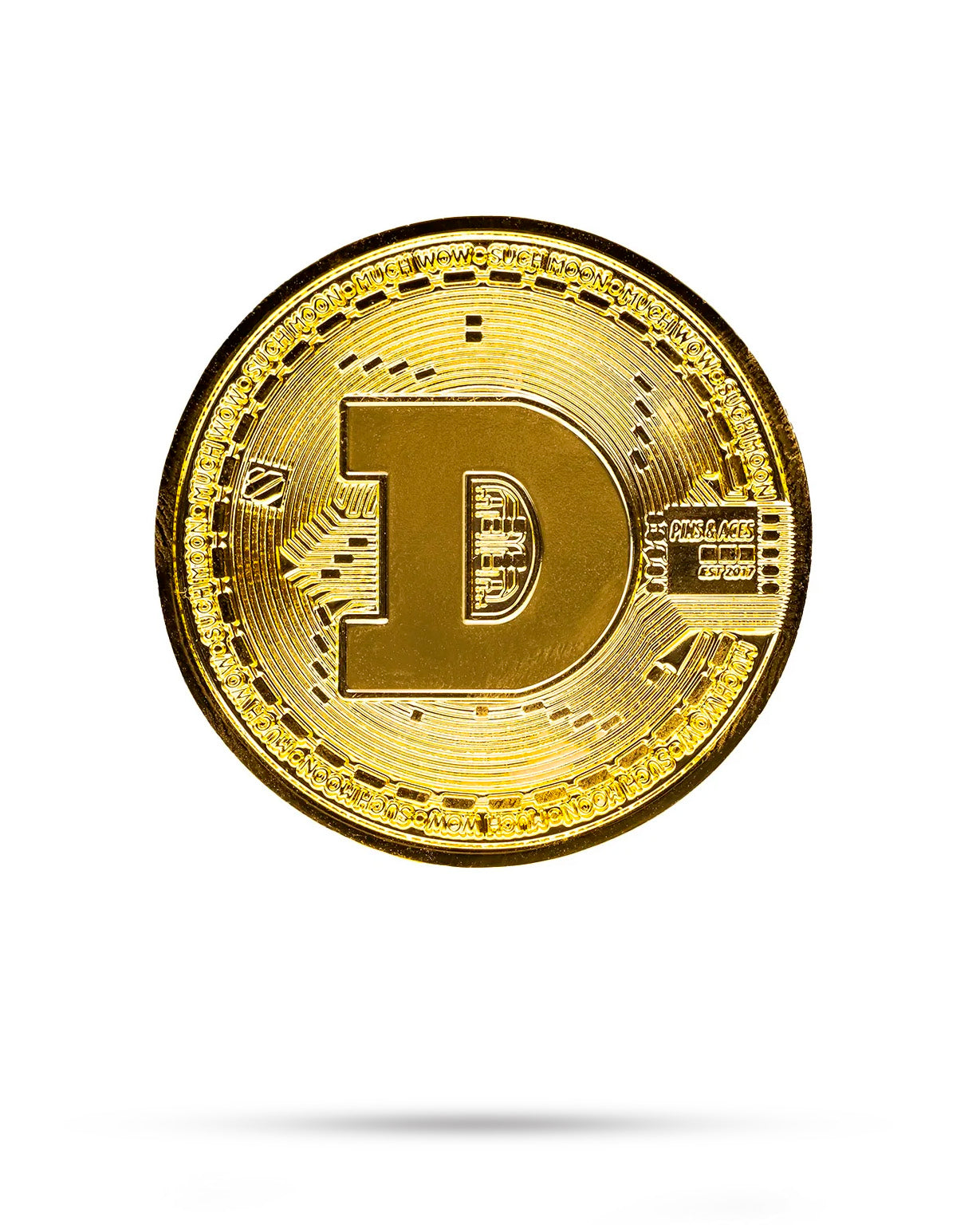 The Pins and Aces Dogecoin Ball Marker features a shiny gold finish, a bold D symbol, and intricate circuit patterns, resembling a cryptocurrency coin, displayed against a white background with a subtle shadow.