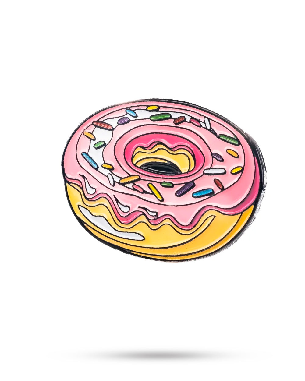 The Pins and Aces Donut Ball Marker is a playful enamel steel marker shaped like a pink and yellow doughnut with sprinkles.