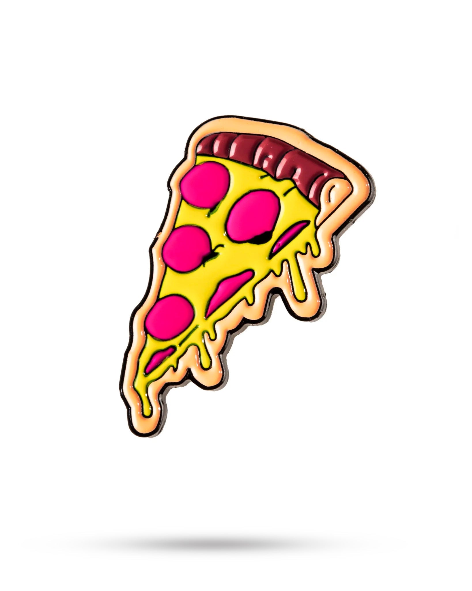 The Dripping Pizza Ball Marker by Pins and Aces features a cartoon-style slice of pepperoni pizza with melted cheese, yellow crust, and bright pink pepperoni, perfect as a fun magnetic golf or ball marker, shown on a plain white background.