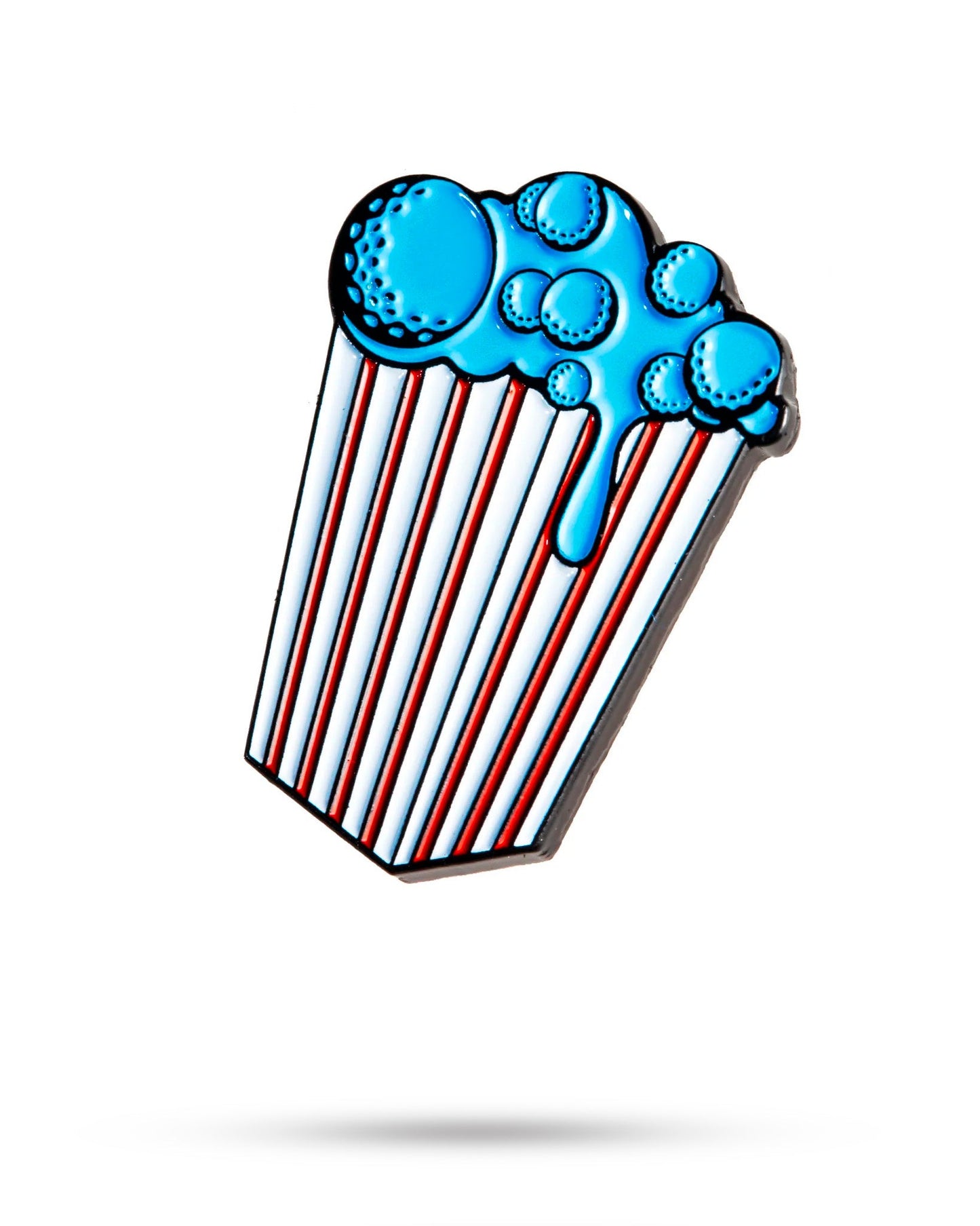A drawing of the Pins and Aces Buttery Popcorn Ball Marker shows a red-and-white striped popcorn container filled with oversized, shiny blue enamel golf markers, all set against a white background.