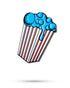A drawing of the Pins and Aces Buttery Popcorn Ball Marker shows a red-and-white striped popcorn container filled with oversized, shiny blue enamel golf markers, all set against a white background.
