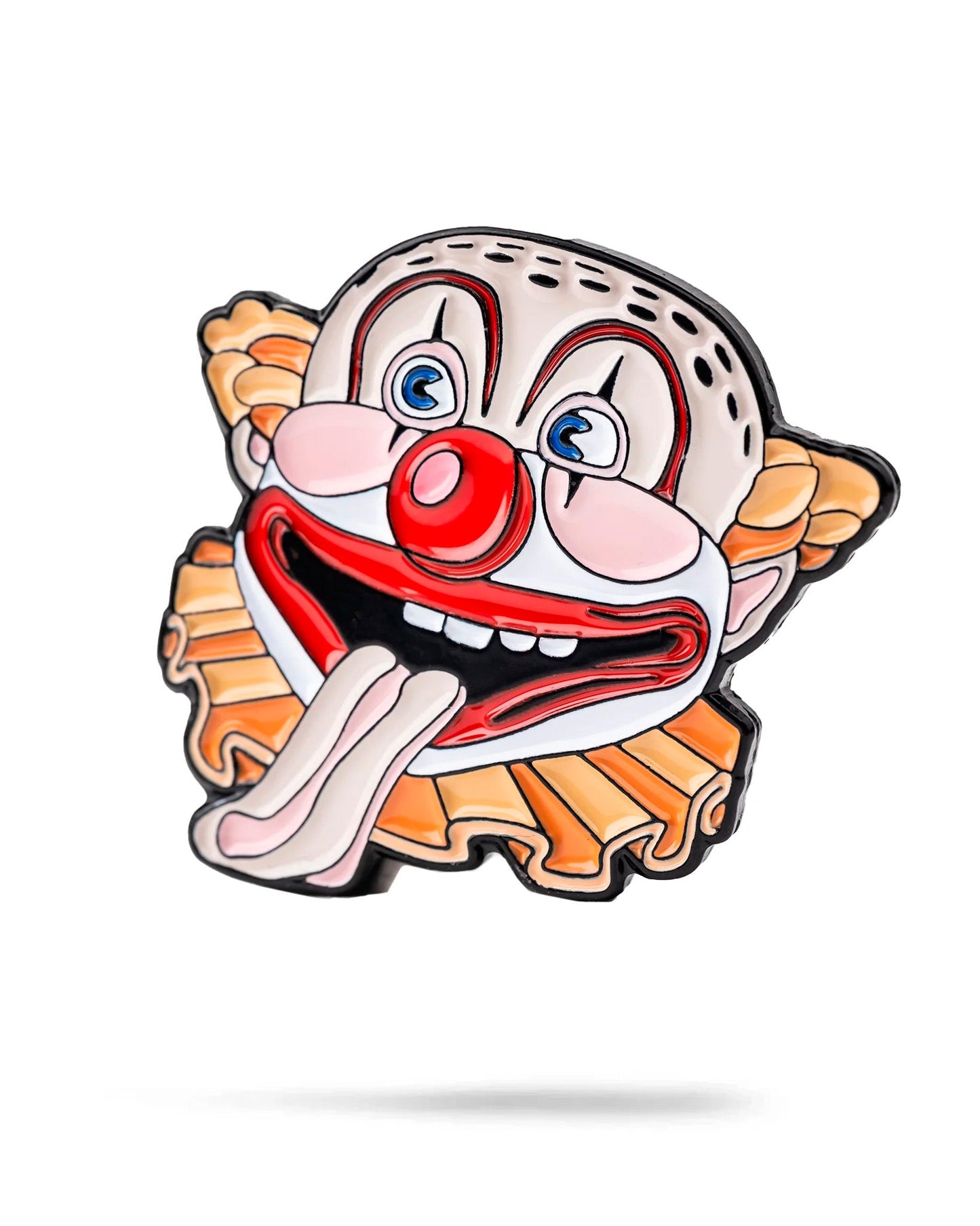 The Clowns Mouth Ball Marker by Pins and Aces features a colorful cartoon clown face with a red nose, big eyes, orange hair, and an open mouth with its tongue out on a white enamel background.