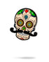 The Sugar Skull Ball Marker by Pins and Aces features vibrant colors, green and red hearts, spiraled eyes, and a bold black mustache, capturing Día de los Muertos style—ideal as an enamel or stainless steel marker on the green.