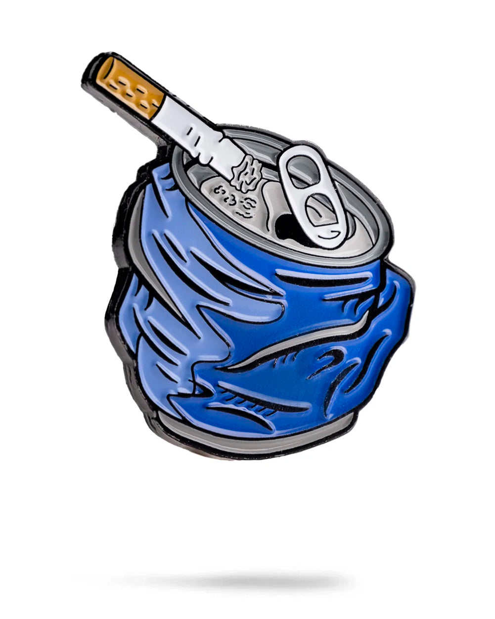 The Crushed Can Ball Marker by Pins and Aces features a blue shark-themed soda can with a cigarette in the tab, symbolizing pollution. Bold outlines, simple colors, and enamel paint create a striking and stylized look.