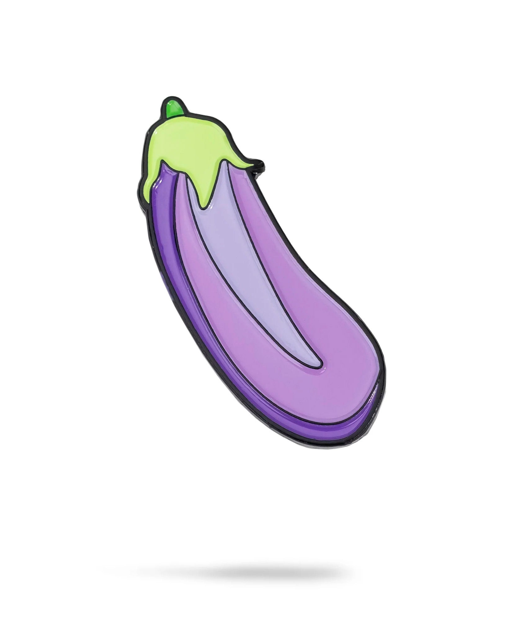 The Pins and Aces Eggplant Ball Marker features a cartoon-style purple eggplant with a light green stem on a white background—perfect as an enamel or magnetic golf ball marker.