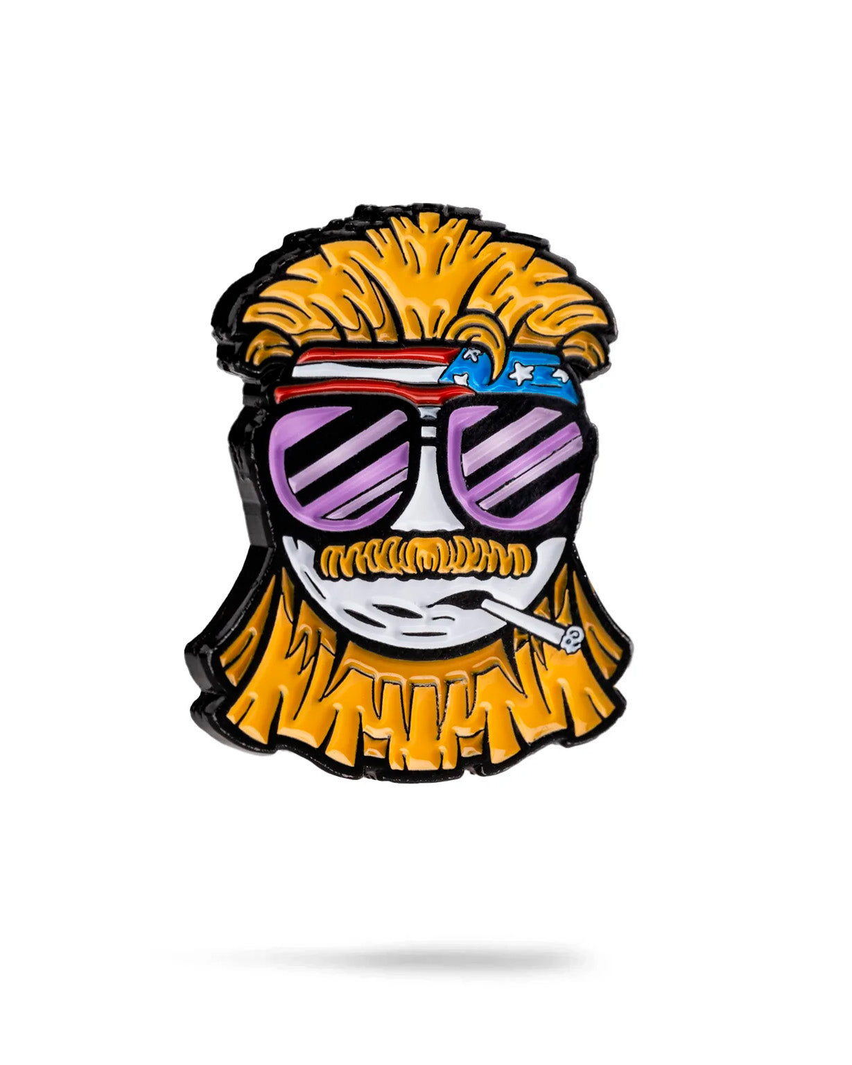 Dale the Degenerate Ball Marker by Pins and Aces features a cartoon face with yellow hair, beard, star-spangled headband, big purple sunglasses, and cigarette. Made of stainless steel with a magnetic surface on a white background.