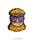 Dale the Degenerate Ball Marker by Pins and Aces features a cartoon face with yellow hair, beard, star-spangled headband, big purple sunglasses, and cigarette. Made of stainless steel with a magnetic surface on a white background.