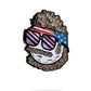 Jerry the Degenerate Ball Marker by Pins and Aces features a cartoon face with curly brown hair, handlebar mustache, purple striped sunglasses, and a star-spangled blue headband—outlined in black on white for standout style.