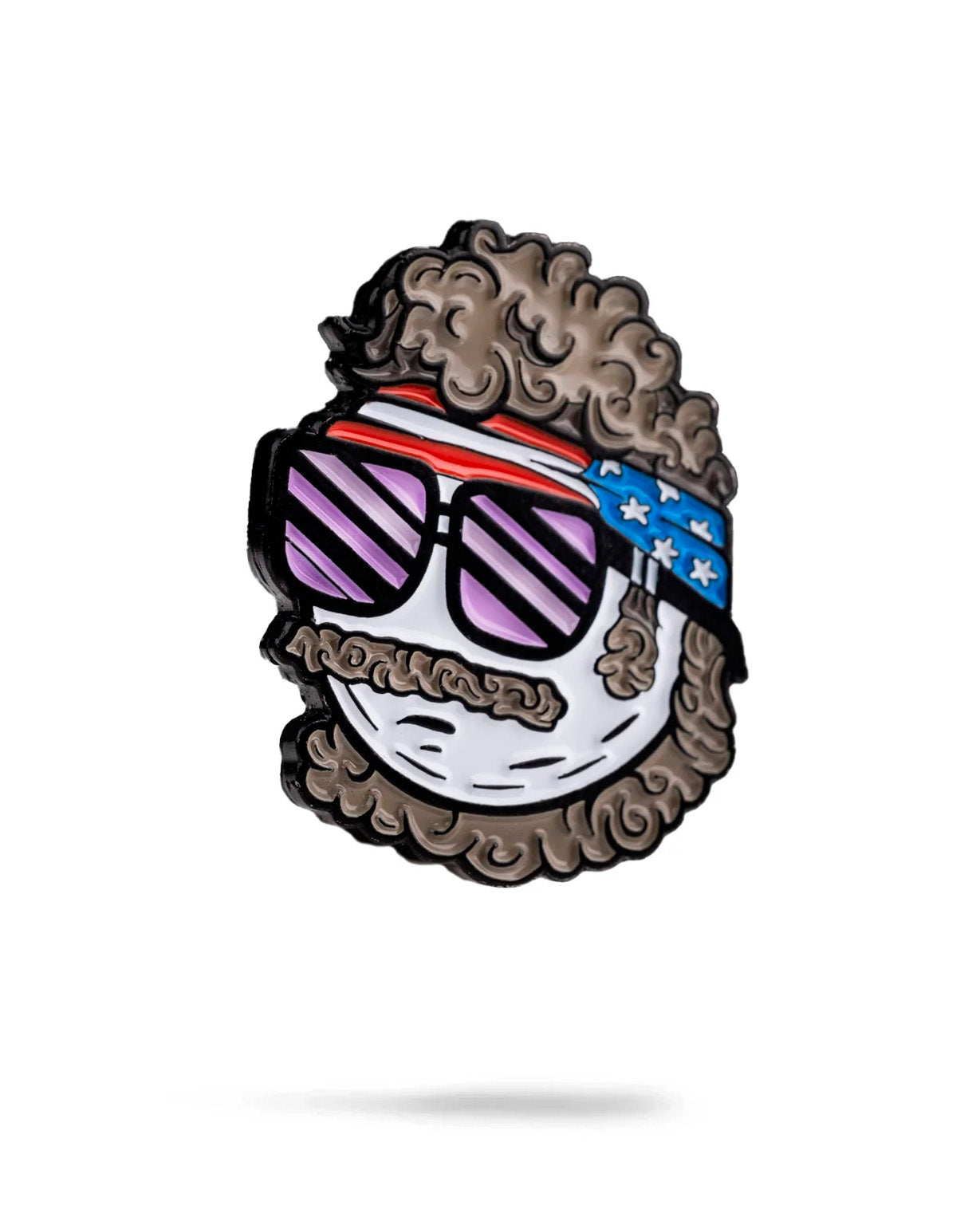 Jerry the Degenerate Ball Marker by Pins and Aces features a cartoon face with curly brown hair, handlebar mustache, purple striped sunglasses, and a star-spangled blue headband—outlined in black on white for standout style.