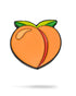 The Peach Ball Marker by Pins and Aces features a stylized peach with two green leaves, black outlining, and a curved highlight on the left side, set against a white background for a clean enamel look.