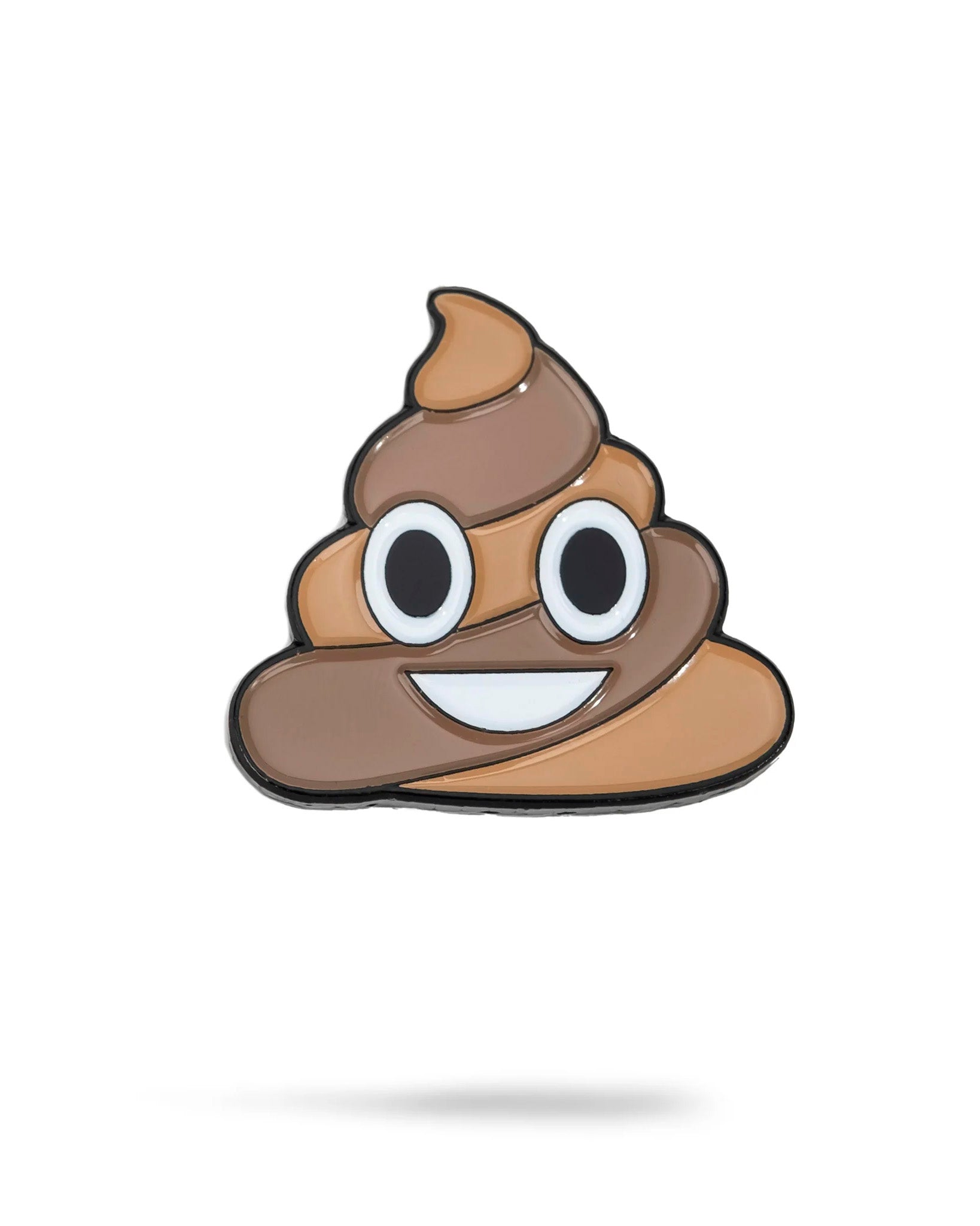 The Pins and Aces Poop Ball Marker features a cartoon-style brown poop emoji with big, round eyes and a wide smile on a plain white background—a quirky enamel finish accessory for your golf game.