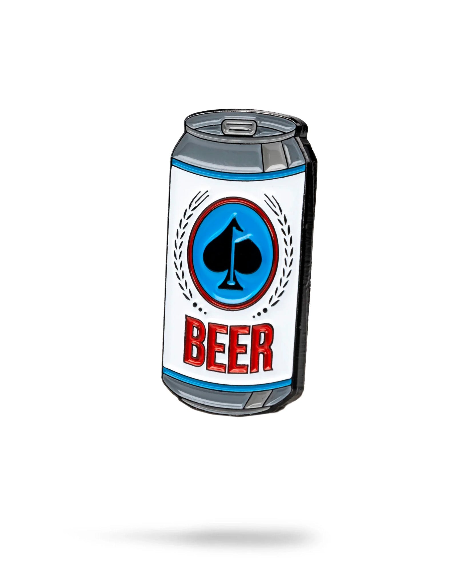 A drawing of the Pins and Aces Beer Can Ball Marker, a stainless steel accessory with a white label, blue spade symbol, and bold red "BEER" text, styled like sleek golf gear, shown with a faint shadow on a white background.