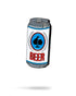 A drawing of the Pins and Aces Beer Can Ball Marker, a stainless steel accessory with a white label, blue spade symbol, and bold red "BEER" text, styled like sleek golf gear, shown with a faint shadow on a white background.