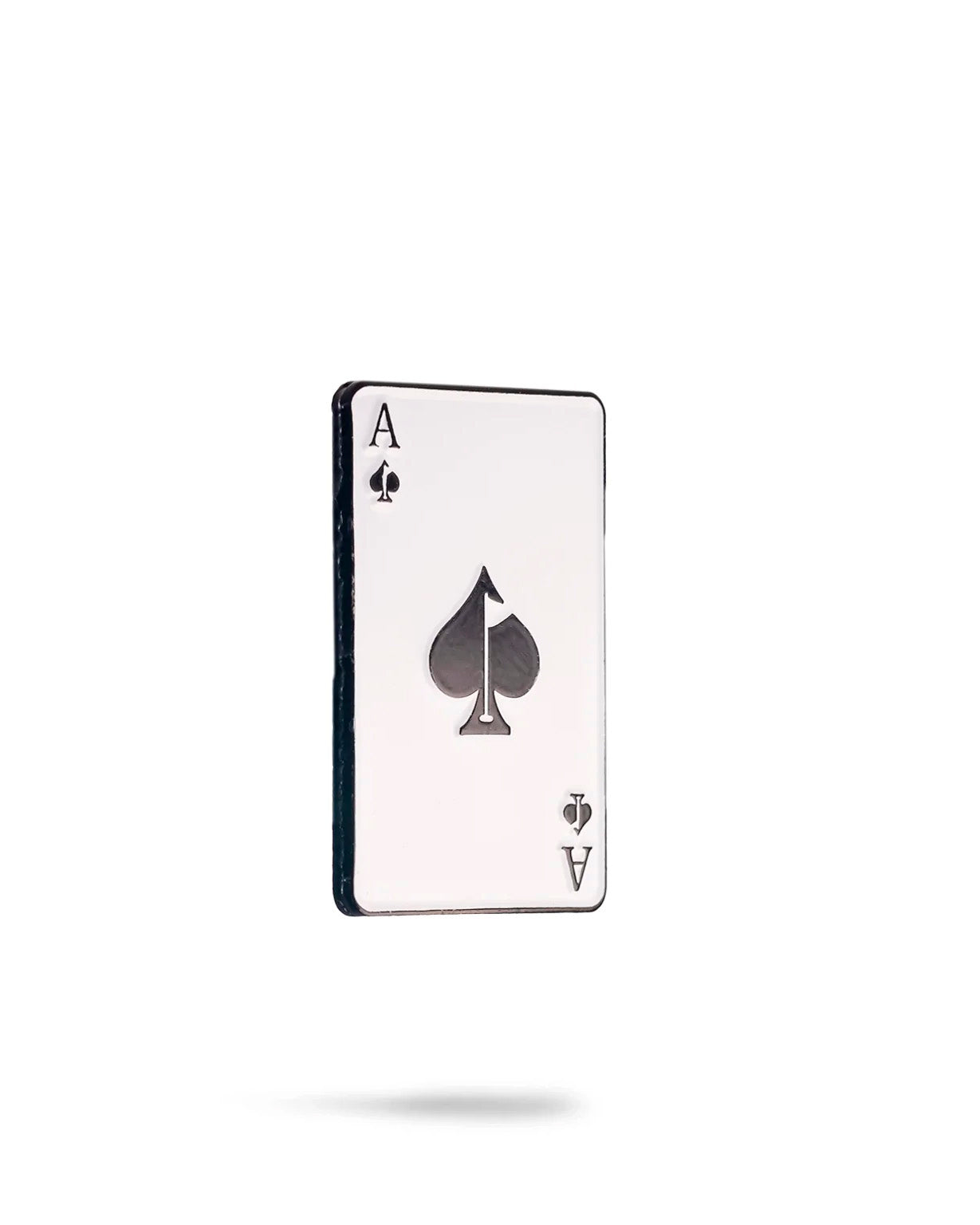 The Ace of Spades Ball Marker by Pins and Aces stands upright against a white background, casting a faint shadow—its bold, striking presence evokes the elegance of a premium golf accessory.
