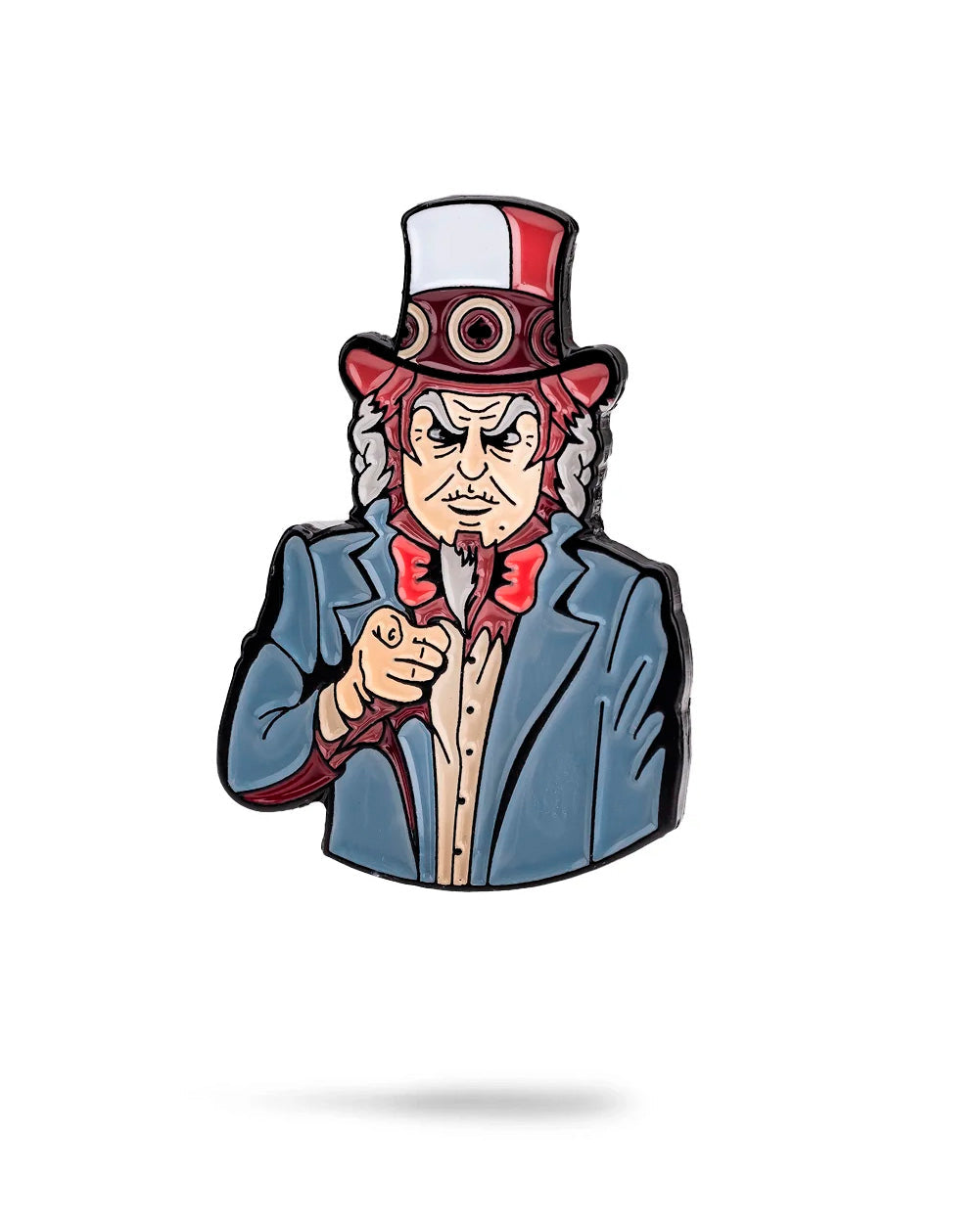 The Uncle Sam Ball Marker by Pins and Aces features a cartoon Uncle Sam in his iconic top hat and blue jacket, pointing forward with a stern look, set on a magnetic ball marker against a plain white background.