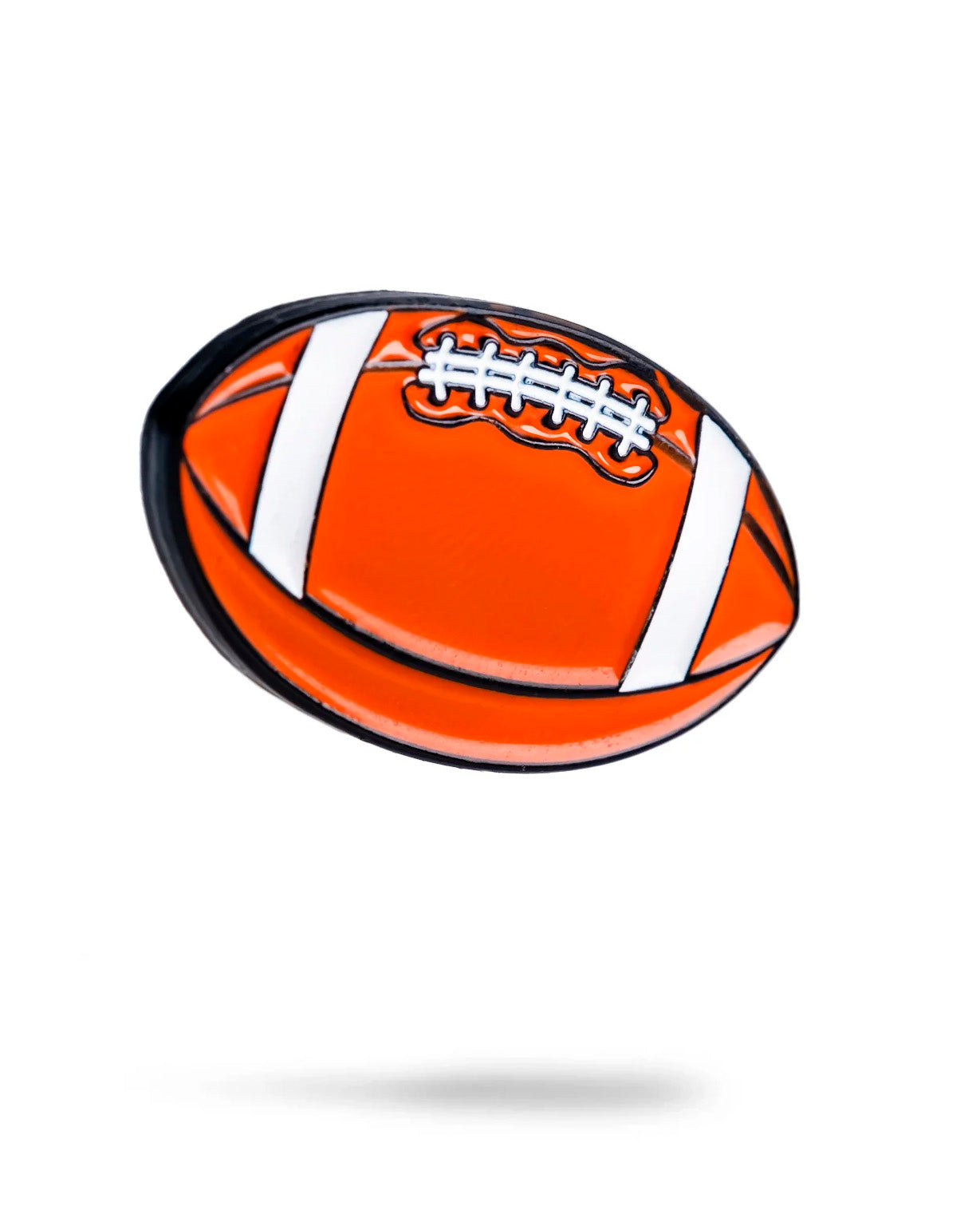 The Football Ball Marker by Pins and Aces features an orange design with white stripes and laces, isolated on a white background with a subtle shadow and a glossy, enamel-like surface.