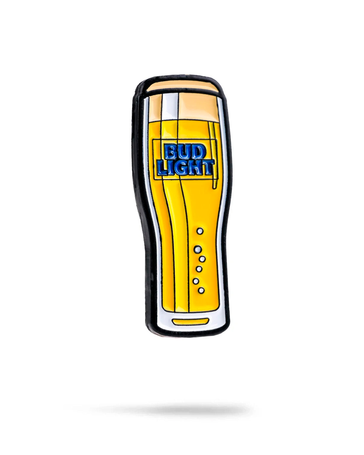 A cartoon-style illustration shows a tall glass of yellow beer labeled "Bud Light," with bubbles rising and a Pins and Aces Bud Light Pint Ball Marker on the rim, all set against a white background.