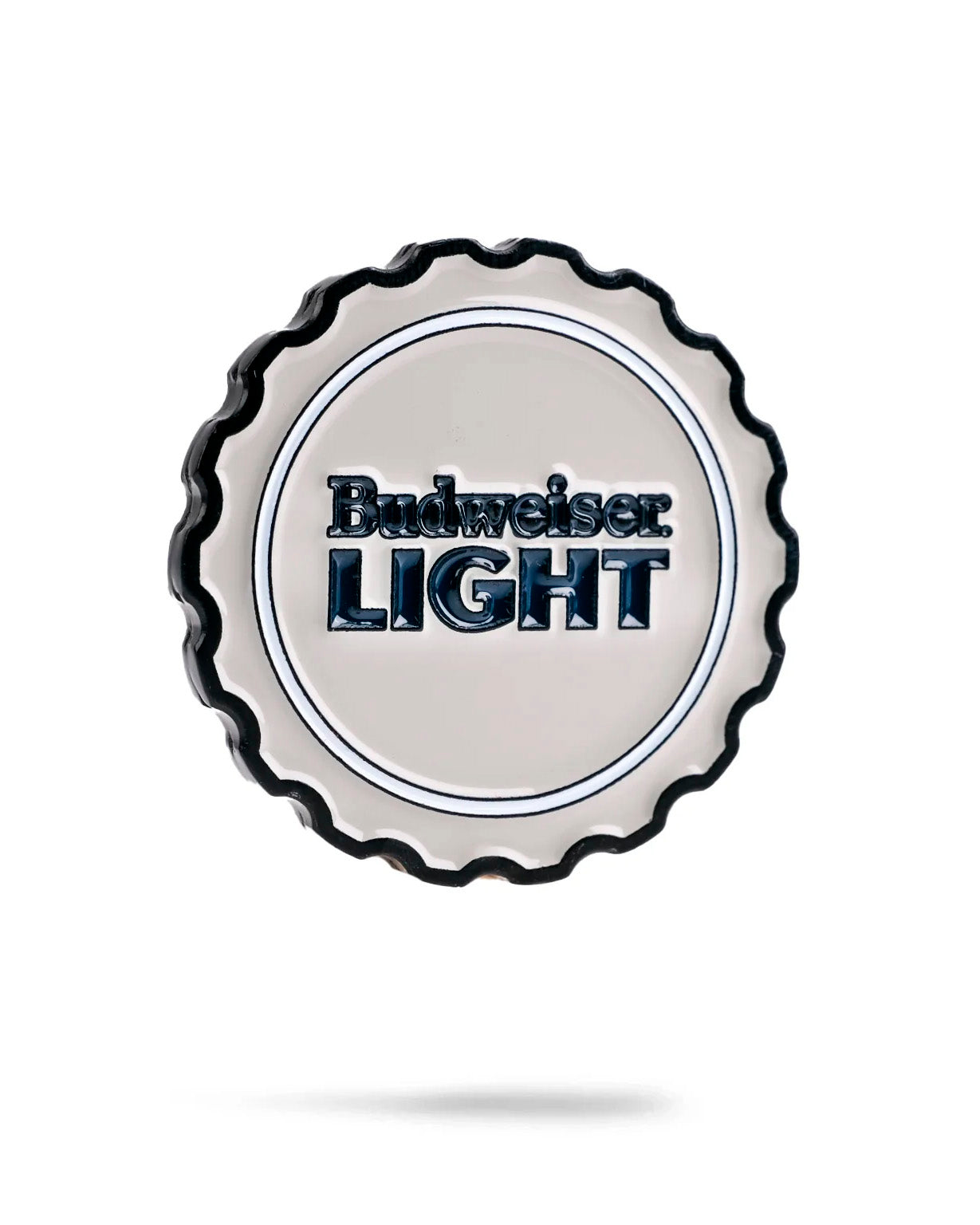 The Pins and Aces Budweiser Light Ball Marker - Grey features a silver design with black ridged edges and bold "Budweiser LIGHT" text embossed in the center on a white background.