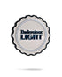 The Pins and Aces Budweiser Light Ball Marker - Grey features a silver design with black ridged edges and bold "Budweiser LIGHT" text embossed in the center on a white background.