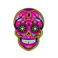The Sun & Life Sugar Skull Ball Marker by Logie Joe's Golf features a vibrant Dia De Los Muertos-inspired sugar skull in pink, yellow, green, and purple with floral and leaf decorations.