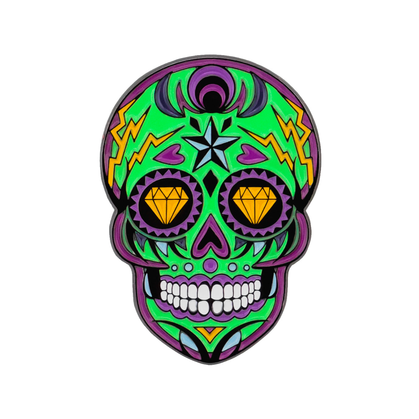 The Logie Joe's Golf Moon & Rest Sugar Skull Ball Marker features a vibrant Dia De Los Muertos-inspired design with green, purple, yellow, and black patterns, diamond-shaped eye sockets, and lightning bolts on the forehead.