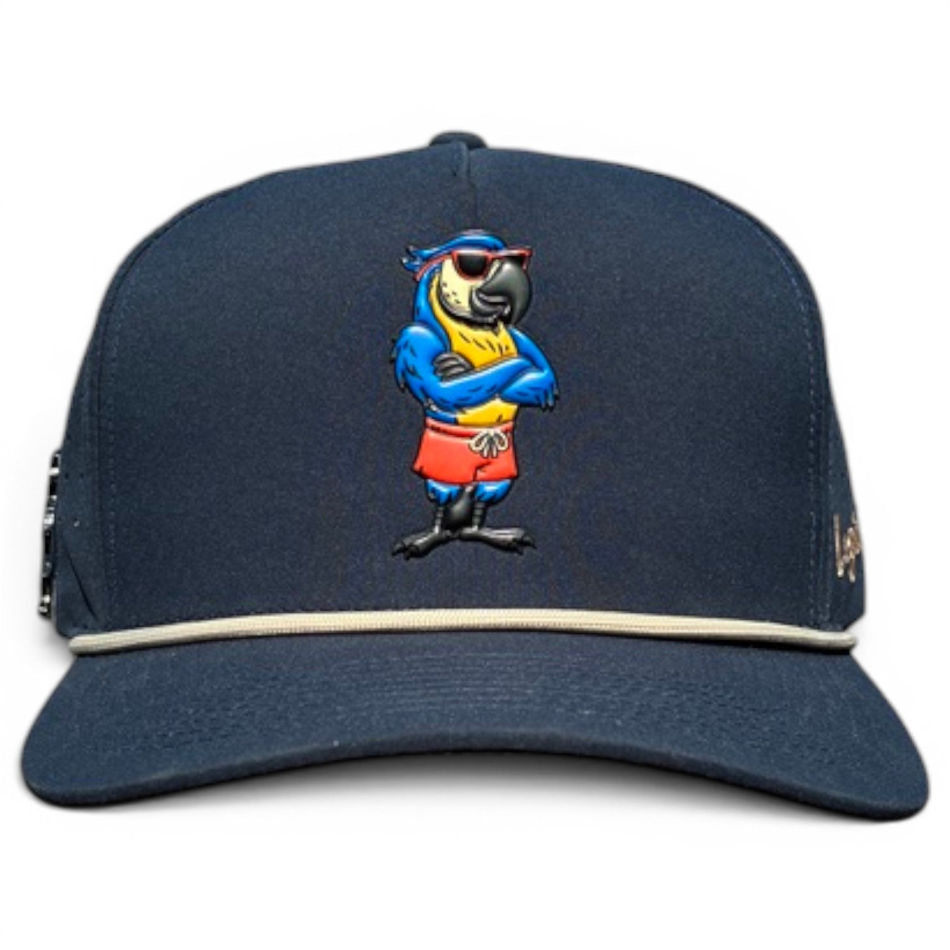 The Logie Joe's Golf Parrot Patrol Golf Hat is an adjustable navy snapback cap featuring an embroidered cartoon parrot and a built-in magnetic ball marker holder with marker included—perfect for style and convenience on the course.