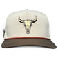 The Longhorn Golf Hat by Logie Joe's Golf is a snapback cap in beige and brown with a tan bull skull graphic, dark brown bill, thin trim, and comes with a built-in magnetic ball marker holder plus marker. Adjustable fit.